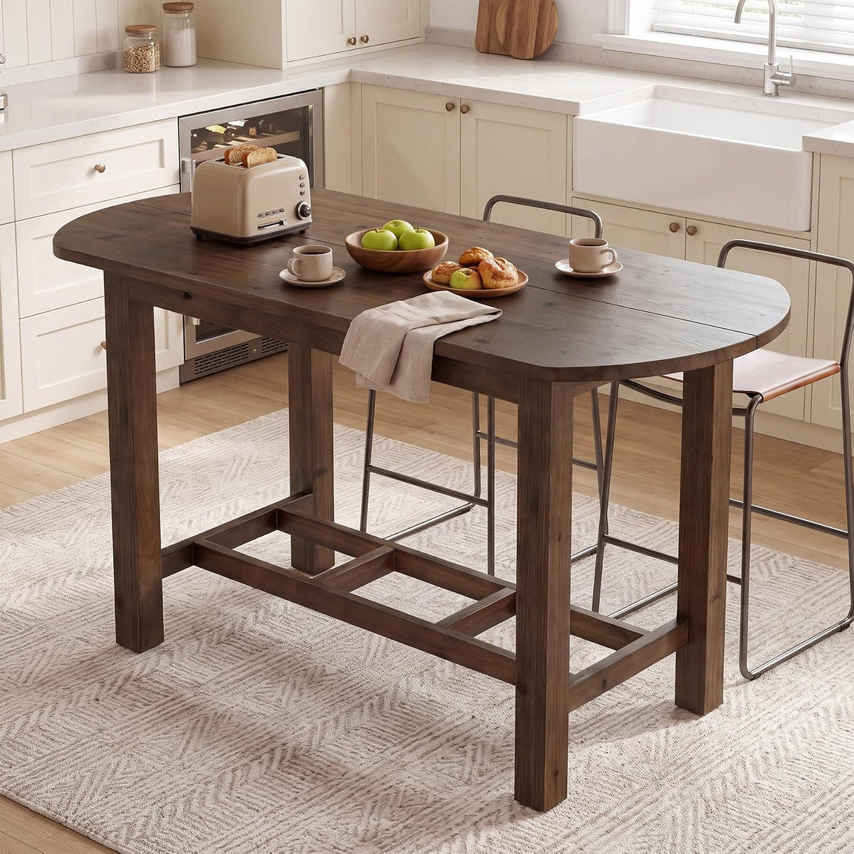 63" Solid Wood Kitchen Island, Island Table with Oval Tabletop | Farmhouse Wooden Stationary Island Table for Kitchen, Living Room, Dining Room, Easy Assembly, 39.37" Height, Vintage Brown