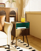 Leomonio Walnut Brown Nightstand, Modern Bedside Table with Charging Station & LED Lights, Plus Storage Drawer, Open Wood Shelf and Solid Wood Legs, for the Living Room, Bedroom & Small Spaces