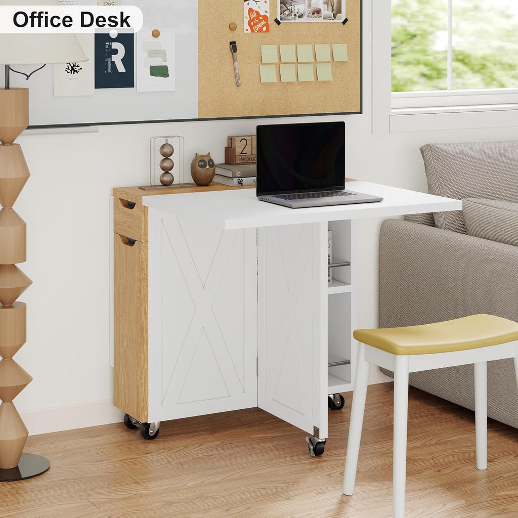Folding Dining Table with 6 Wheels, Drop Leaf Tables for Small Spaces, Foldable Dining Table with 2-Layer Storage Rack, Kitchen Table with Drawer (White and Oak)