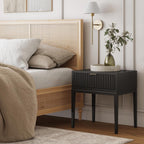 Nathan James Jasper Boho Side Table, Solid Wood Bedroom Nightstand or Bedside Table with Drawer with Fluted Doors and Brass Handles, Black