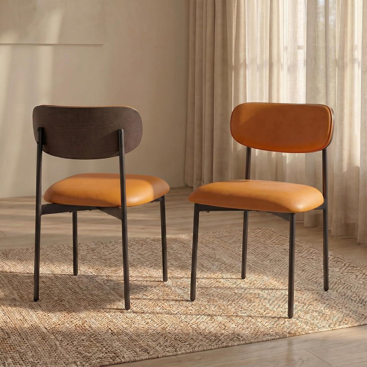 GrandNoor Brown Faux Leather Dining Chairs Set of 4, Armless Upholstered Kitchen Chairs with Wood Grain Back, Modern Dining Room Chairs with Ergonomic Curved Backrest & Metal Legs