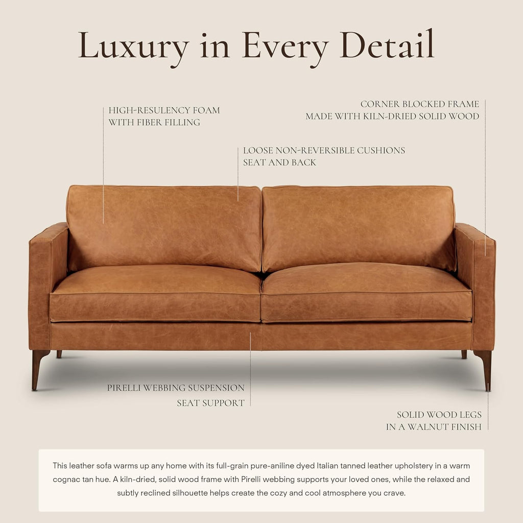 Poly & BARK Mateo 82” Sofa – Cognac Tan Full-Grain Pure-Aniline Italian Leather, Feather-Down Cushions, Solid Wood Frame & Walnut Legs
