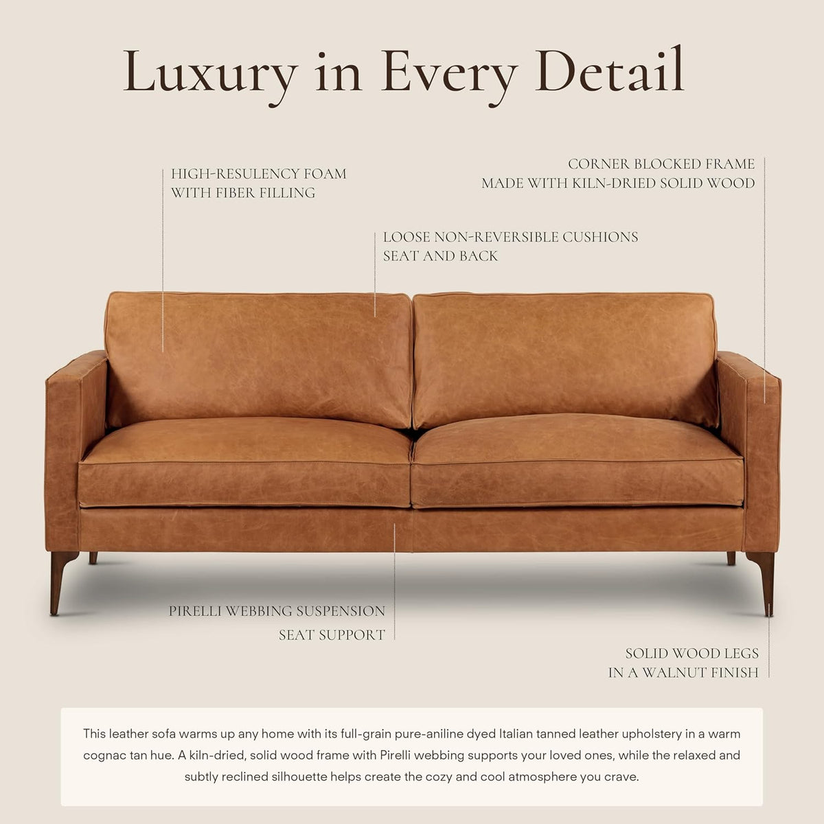 Poly & BARK Mateo 82” Sofa – Cognac Tan Full-Grain Pure-Aniline Italian Leather, Feather-Down Cushions, Solid Wood Frame & Walnut Legs