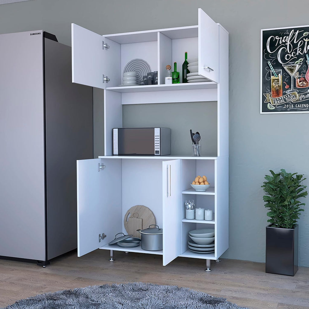FM FURNITURE Colorado Pantry Cabinet with Three Small Open Shelves and One Cabinet, Color White. for Kitchen Room