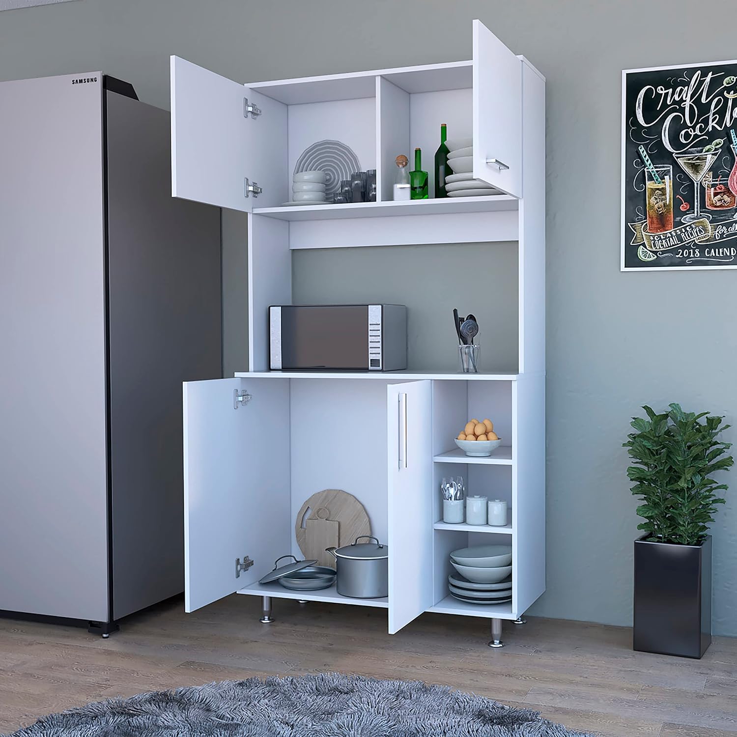 FM FURNITURE Colorado Pantry Cabinet with Three Small Open Shelves and One Cabinet, Color White. for Kitchen Room