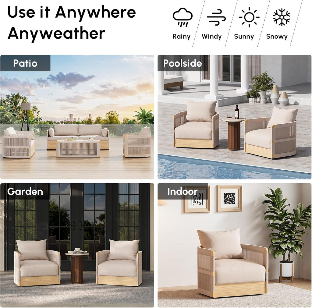 homary Patio Rattan 360° Swivel Chair Pieces of 2, Outdoor Wicker Furniture with Thickened Rainproof Cushion and Aluminum Frame for Garden, Balcony, Indoor, Khaki