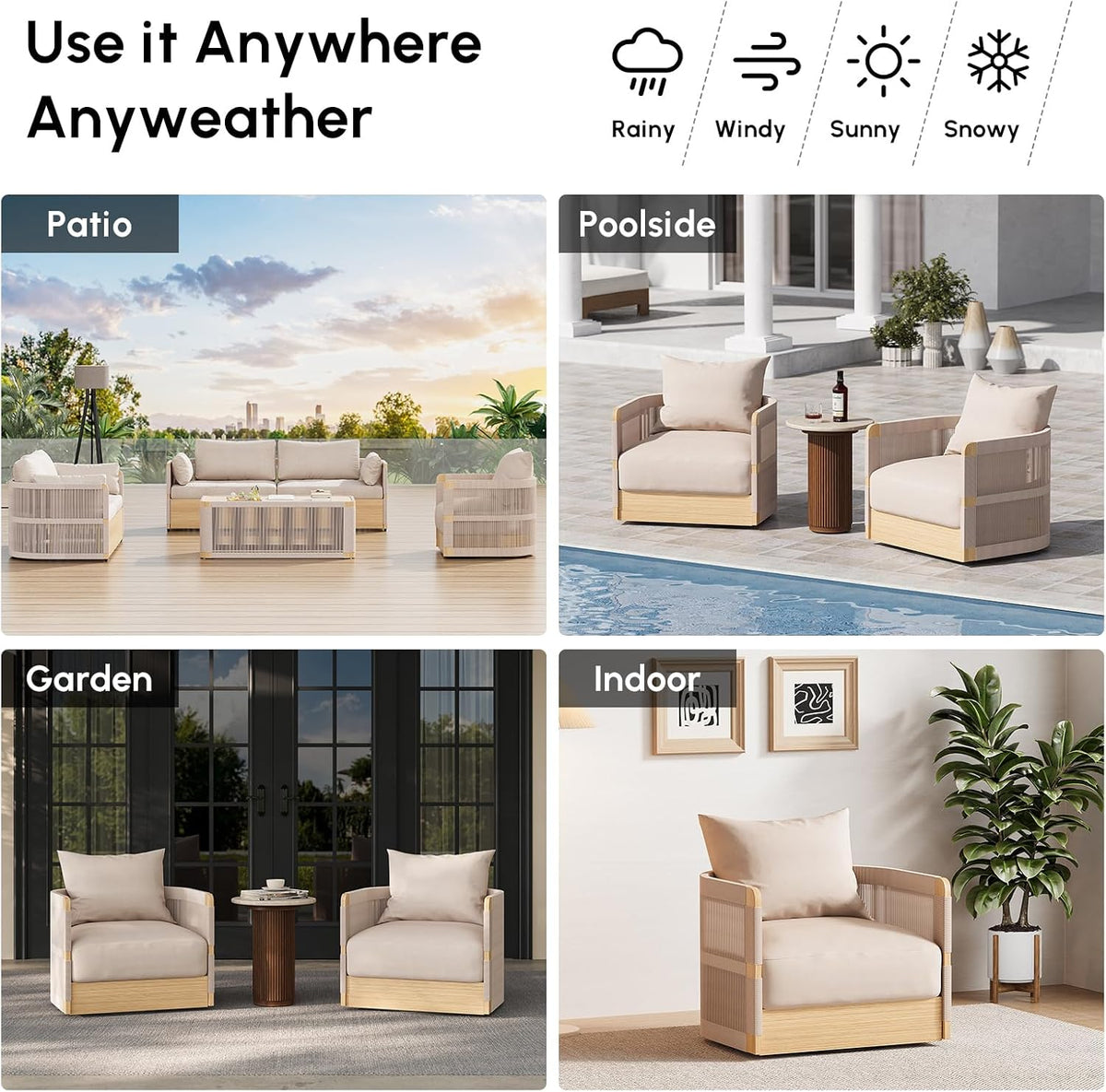 homary Patio Rattan 360° Swivel Chair Pieces of 2, Outdoor Wicker Furniture with Thickened Rainproof Cushion and Aluminum Frame for Garden, Balcony, Indoor, Khaki