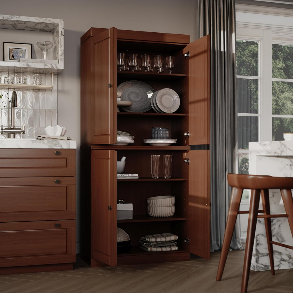 Palace Imports Solid Wood Kitchen Pantry Cabinet - 71.5" Tall x 32" Wide - Wooden Storage Cabinet with 4 Doors & Adjustable Shelves, Mocha, 100% Renewable Eco-Friendly Wood, Made in Brazil