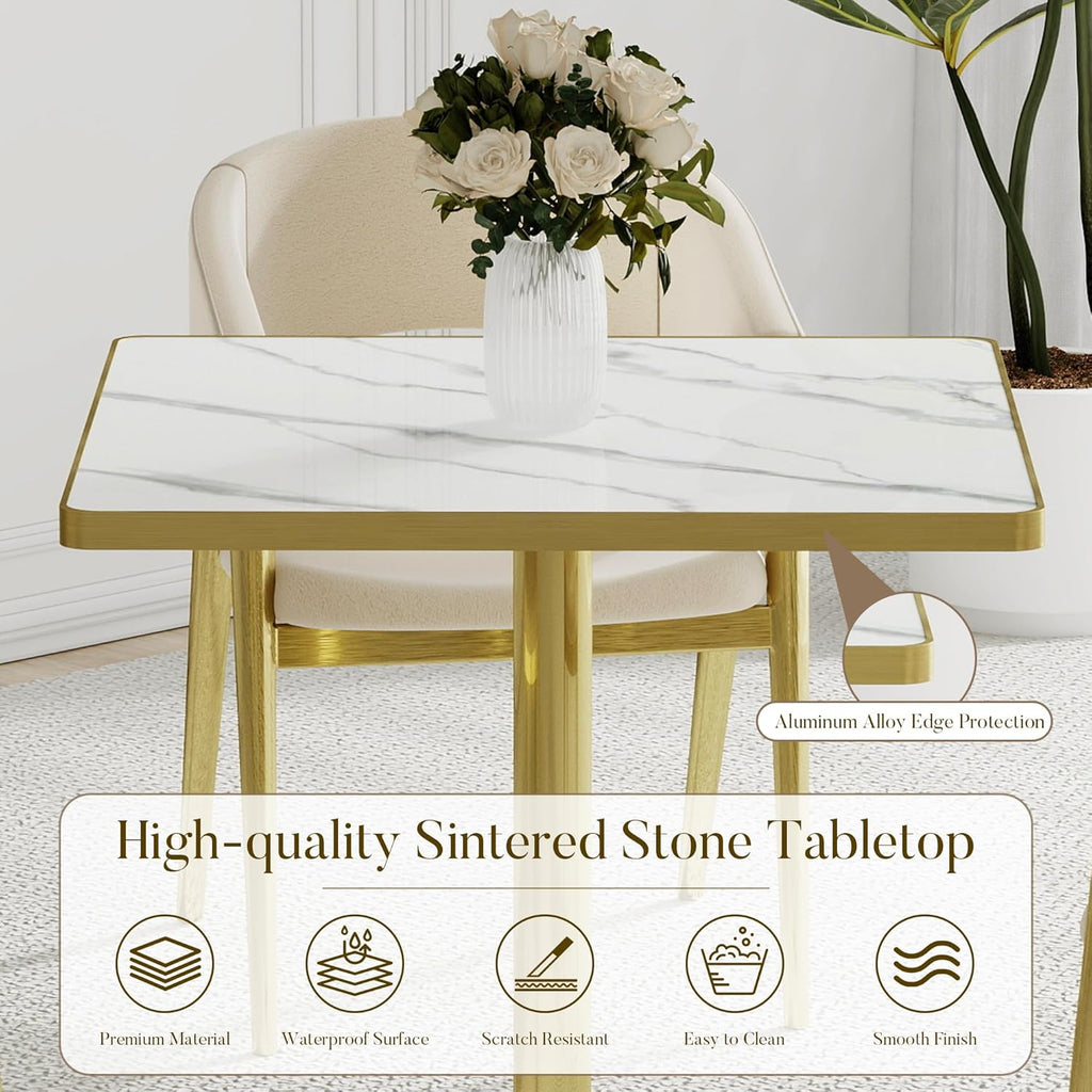 31.5'' Square Modern Dinning Table with Sintered Stone Tabletop, Golden Edge & Pedestal Base, Bistro Tulip Table for 2-4 Person for Dining Room/Cafe/Small Spaces/Restaurant (Snow Peak Marble)