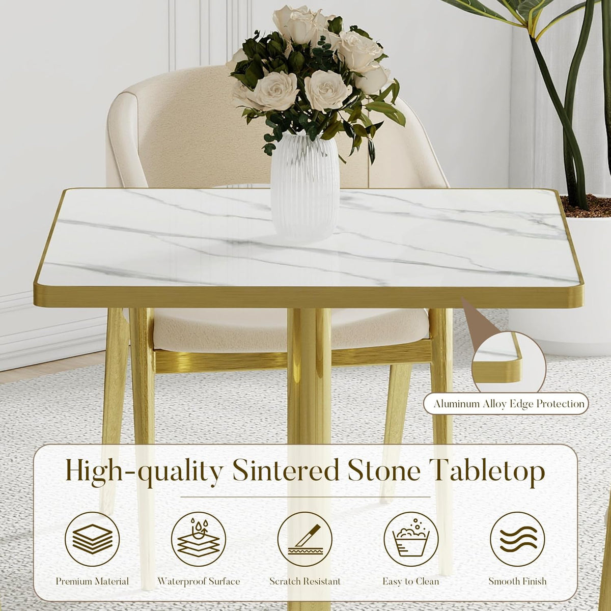 31.5'' Square Modern Dinning Table with Sintered Stone Tabletop, Golden Edge & Pedestal Base, Bistro Tulip Table for 2-4 Person for Dining Room/Cafe/Small Spaces/Restaurant (Snow Peak Marble)