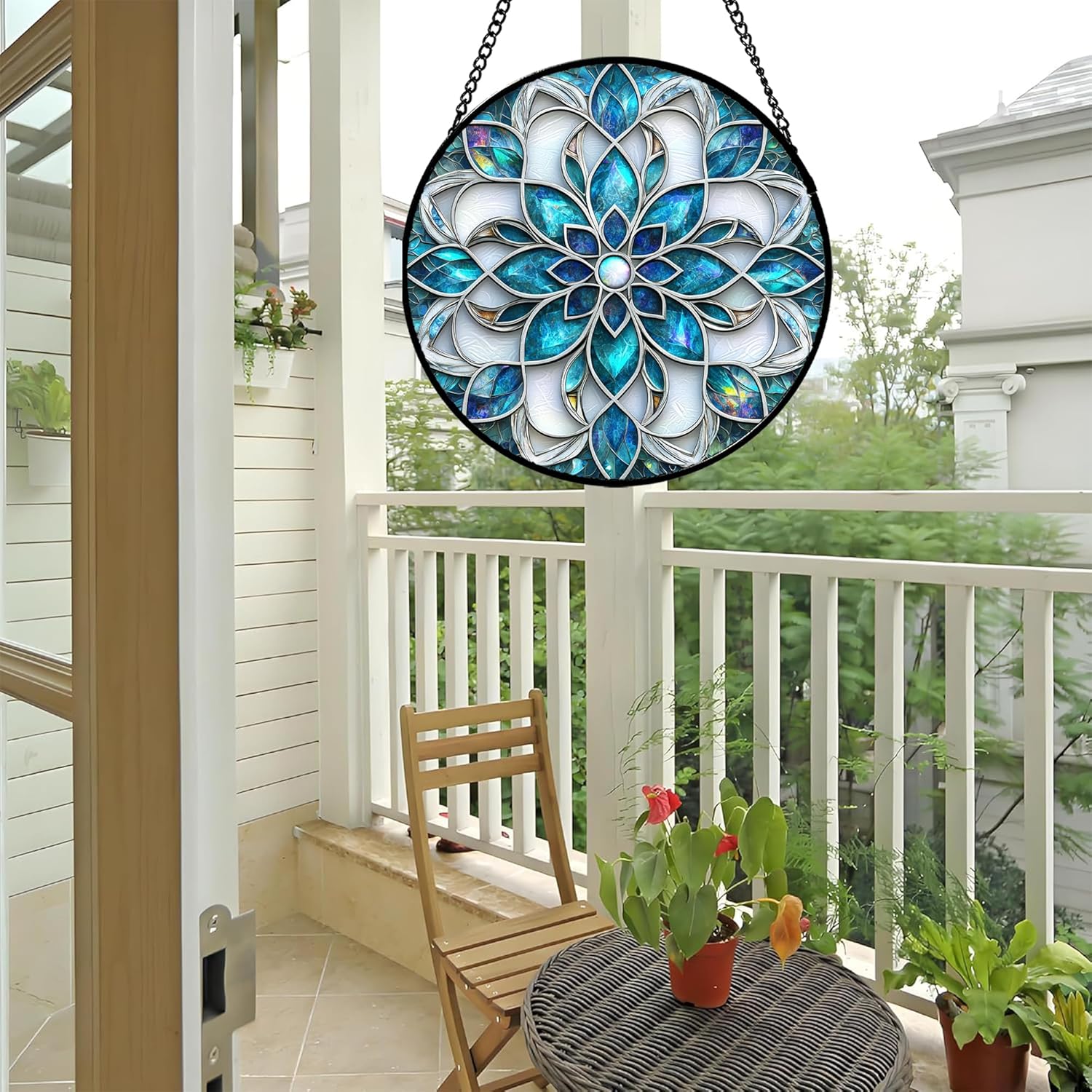 Stained Glass Window Hanging - Blue White Abstract Flowers Suncatcher for Door Terrace Garden Home Decor Boho Sun Catcher Birthday Gifts for Lovers Women Men Dad Mom Nana 11.8 in