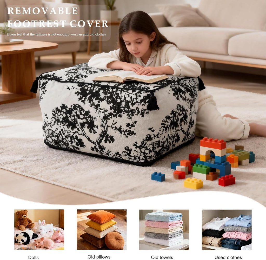 Chenille Square Pouf Ottoman - Foot Stool for Living Room & Bedroom | Soft ottoman with tassels. Removable cover. High-resilience foam. Flannelette base. Tree decor. Step for dogs. 19.7x11.8in