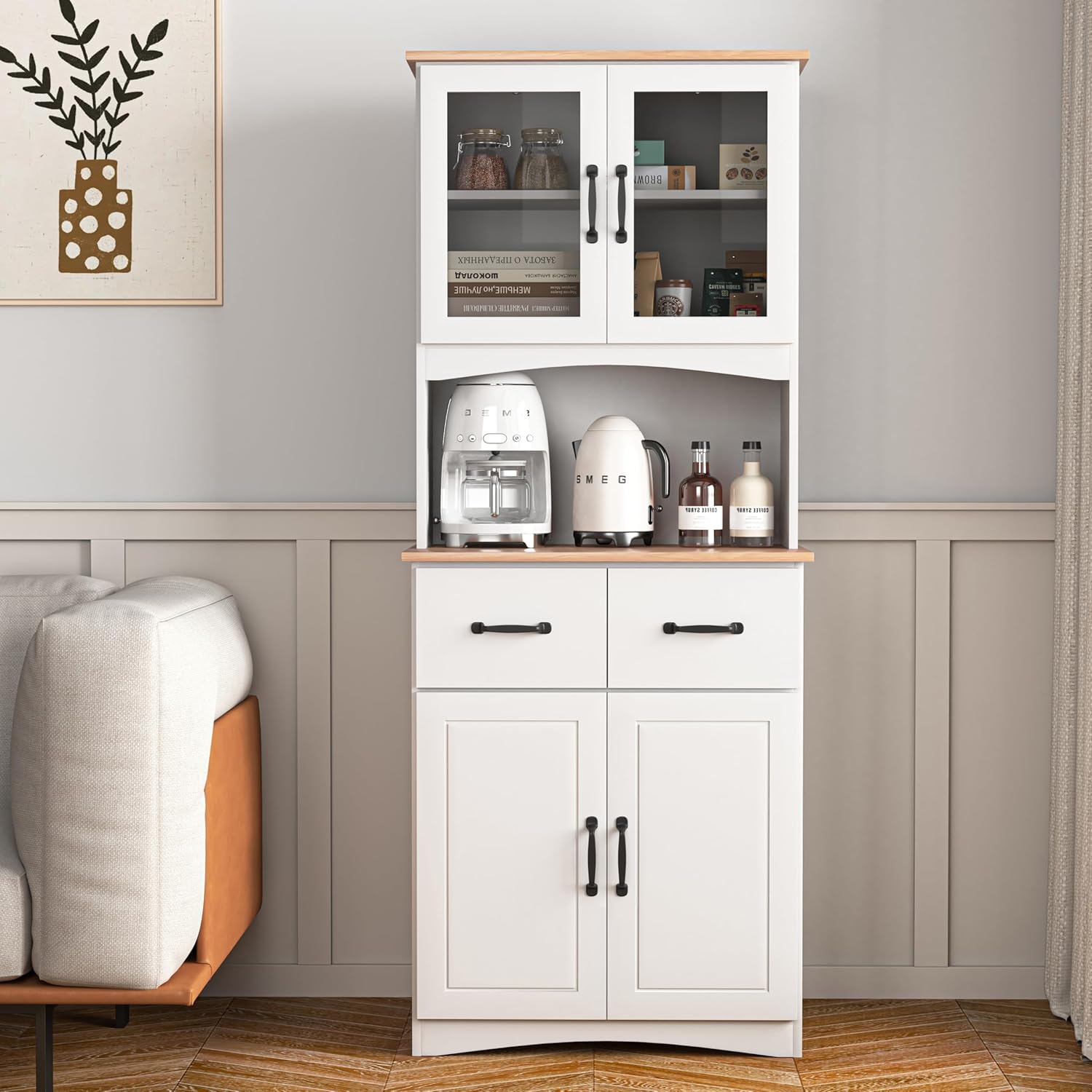 Wooden Kitchen Pantry Cabinet with Framed Glass Doors & Drawer – Microwave Storage Hutch with Adjustable Shelves & Anti-Topple Design