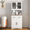 66.9'' Kitchen Pantry Cabinet, White Pantry Storage Microwave Cabinet with Glass Doors, Adjustable Shelves, Drawer, Freestanding Larder Cupboard for Kitchen, Dining Room
