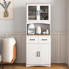 66.9'' Kitchen Pantry Cabinet, White Pantry Storage Microwave Cabinet with Glass Doors, Adjustable Shelves, Drawer, Freestanding Larder Cupboard for Kitchen, Dining Room
