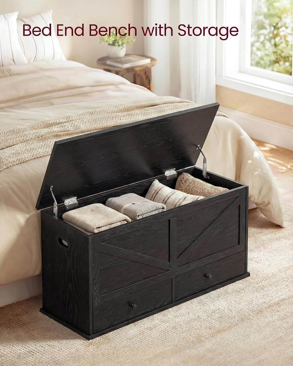VASAGLE Storage Chest with 2 Fabric Drawers, 15.7 x 39.4 x 19.9 Inches | Storage Bench, Farmhouse Style, Ebony Black, HAINS Collection ULSB043B02