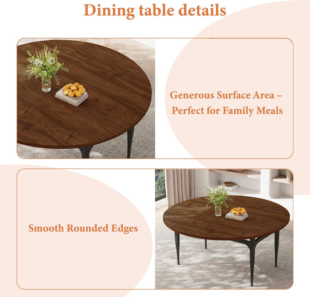 HIPIHOM Expandable Folding Dining Table Set, 55-Inch Round to Square Table with 6 Upholstered Chairs, Metal Frame, for Dining Room or Apartment (Round Table + 6 Brown Chairs)