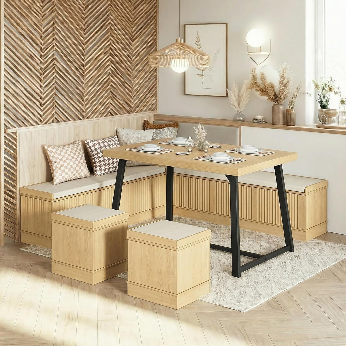 Brafab Corner Dining Table Set, 43 Inch Breakfast Nook Table Set with Bench with Hidden Storage & 2 Ottomans, 5-Piece Corner Bench Dining Table Set, Natural