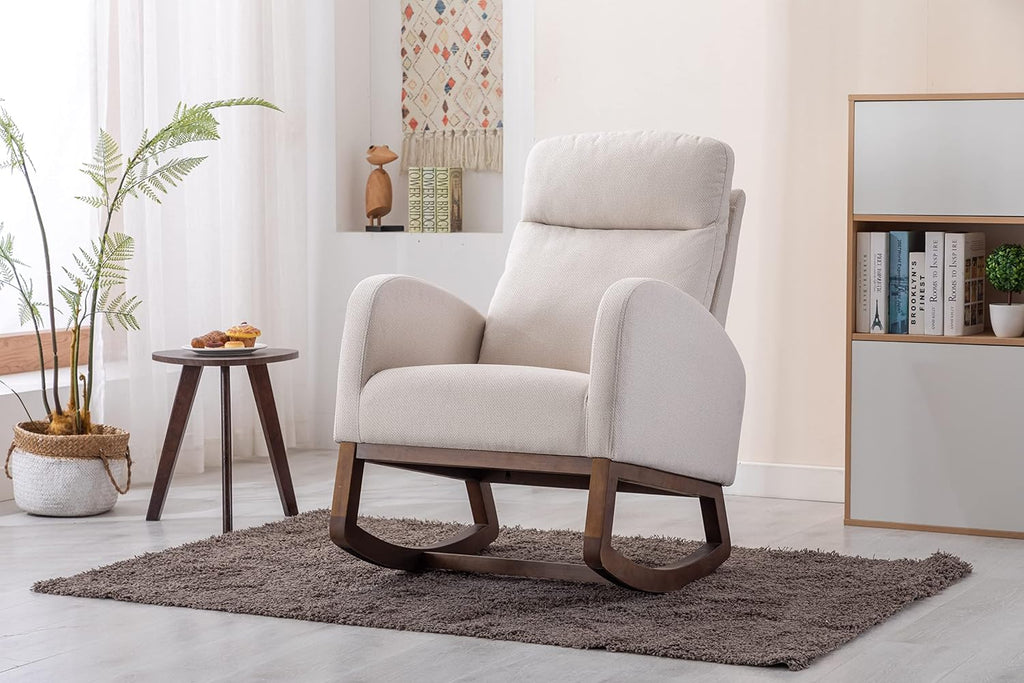 Rocking Chair,Nursing Chairs with Foot Rest for Mom, Rocker Glider Chair with High Backrest for Living Room, Bedroom, Upholstered Lounge Chair with Solid Wood Base for Relaxin (Beige)