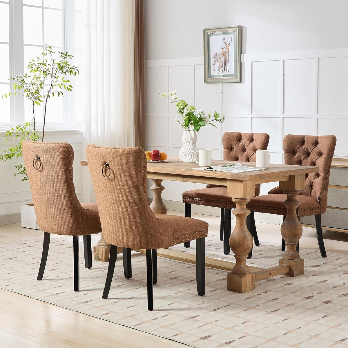 Linen Upholstered Dining Chairs Set of 6, Espresso Brown Mid Century Modern Dining Chairs, Kitchen & Dining Room Chairs with Wood Legs, Sillas de Comedor (Coffee, 6 Pcs)