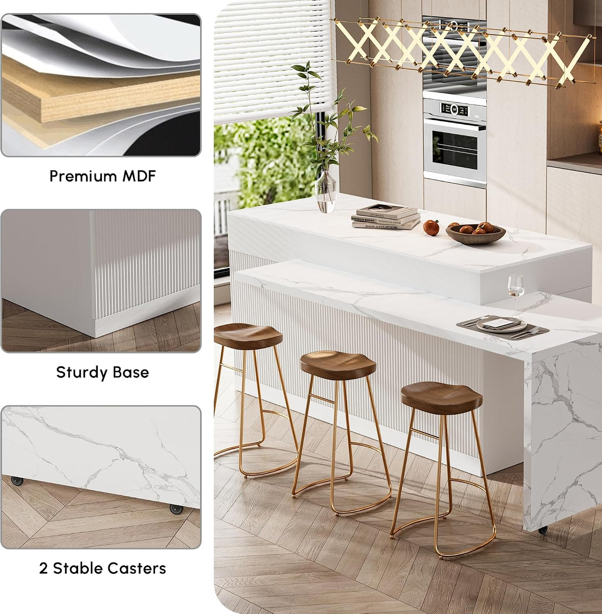 homary Extendable Kitchen Island with Storage 81"-106", White, Wood Top, Stationary Large Kitchen Cabinet with 3 Drawers, Adjustable Shelves & Pull-Out Kitchen Tables for Dining Room