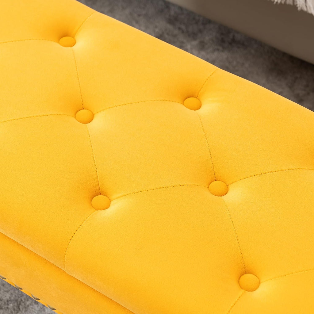 40" Mustard Yellow Velvet Storage Bench with Gold Legs Nailhead Trim | Tufted Ottoman, End of Bed Bench, Upholstered, For Bedroom/Living Room/Window/Entryway/Dining Bench, Modern, Rectangle