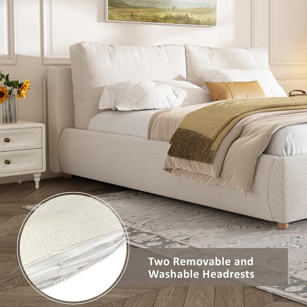 Christopher Knight Home Hazel Queen Size Bed Frame, Upholstered Platform Bed, Soft Boucle Queen Headboard, Removable Pillows Headboard, Wood Slats Support, No Box Spring Needed, Easy Assembly, White