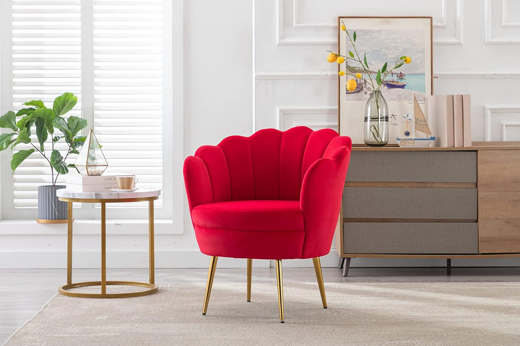Modern Accent Velvet Chairs Comfy Upholstered Vanity Chairs for Bedroom Armchair Dining Chairs with Golden Metal Legs Desk Chair Makeup Chairs for Living Room （red）