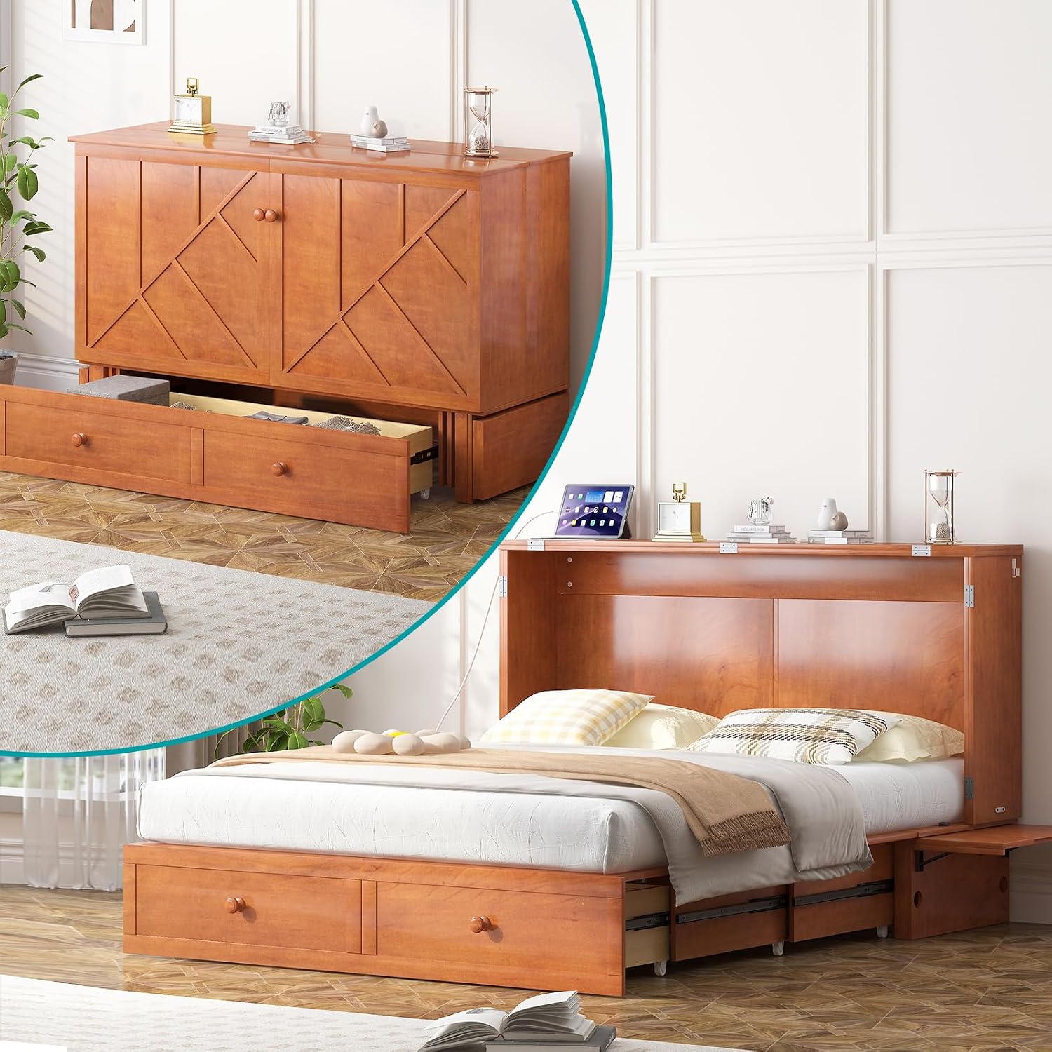 BALUS Murphy Bed Queen Size with Mattress, Queen Murphy Cabinet Bed-Cherry | Tri-Fold Mattress, USB Charing Station, Spacious Drawer, Space Saving, Queen Bed Frame