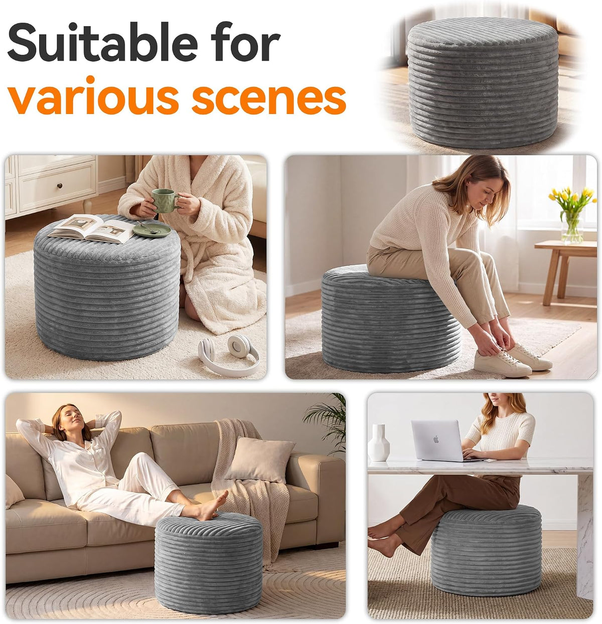 20in Round Pouf Ottoman, Large Corduroy Ottoman Foot Rest with Solid High-Density Foam, Removable Washable Cover, Soft Floor Foot Stool for Living Room, Bedroom, Grey