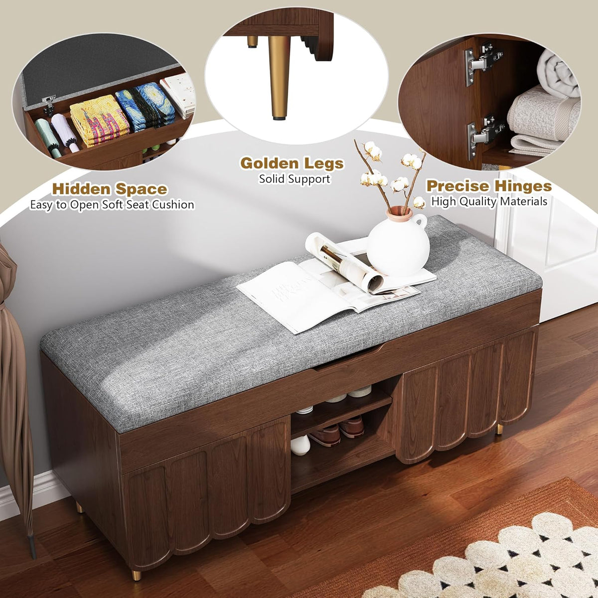 3More 40" Entryway Shoe Storage Bench,Upholstered Hidden Space Beneath Seat Cushion Bench,2-Tier Unique Geometric Shape with Wood Grain,Walnut