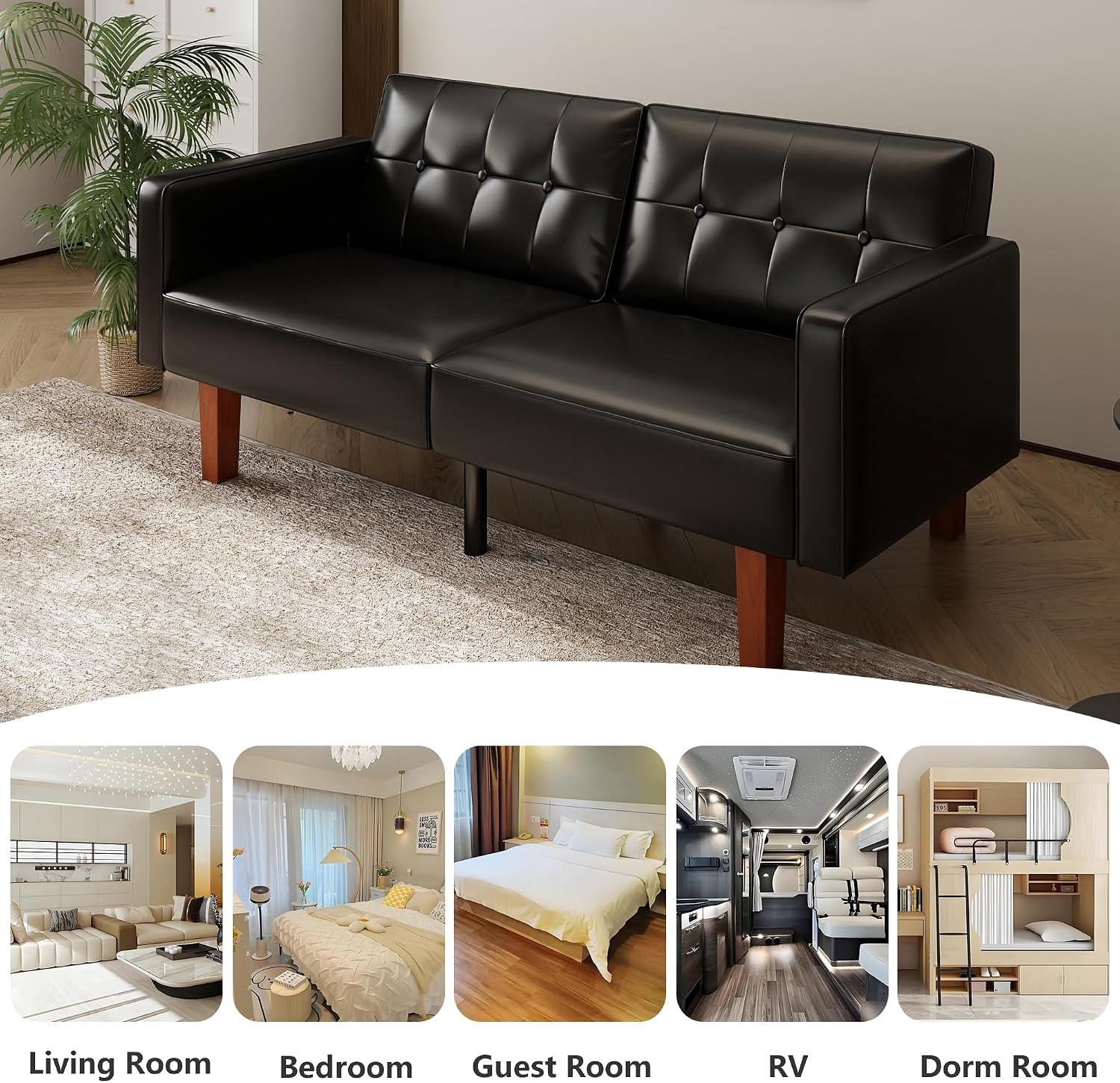 mikibama Convertible PU Leather Black Futon Sofa Bed with Split Back,Mid Century Modern Sleeper Couch Beds,68.11" Tufted Loveseat Futons for Living Room RV, Small Spaces