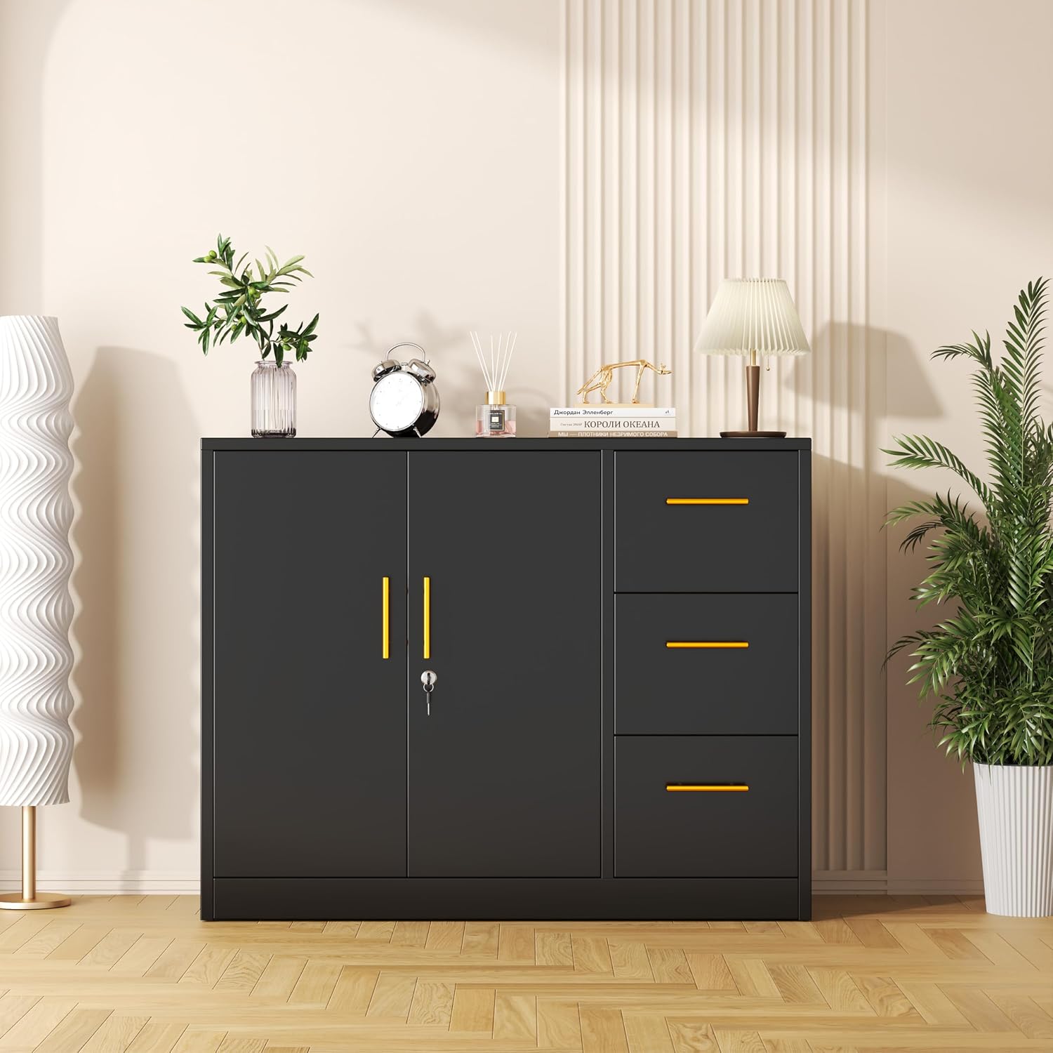 pozdeg Buffet Sideboard Cabinet with Storage, 36.61" H Kitchen Storage Pantry Cabinet with 3 Drawers, Metal Cupboard Coffee Bar Station Table for Kitchen, Living Room, Dining Room (Black)