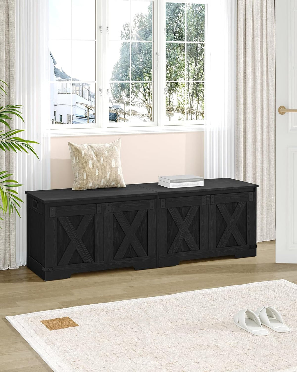 Hzuaneri 59" Storage Chest, Large Storage Trunk with 2 Hinges, Farmhouse Wooden Box Bench, Lift-Top Organizer Chest, Entryway Trunk for Bedroom, Living Room, Black SB15004X