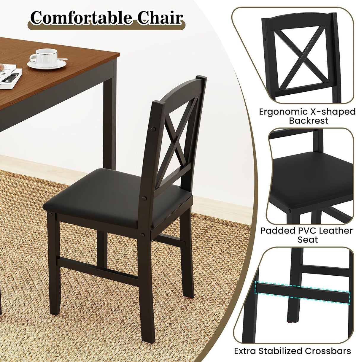 GIANTEX 3-Piece Dining Table Set for 2 - Small Wooden Kitchen Table with Upholstered PVC Leather Chairs, Rubber Wood Legs, Modern Compact Dining Set for Dinner, Kitchen, Restaurant, Dinette (Brown)