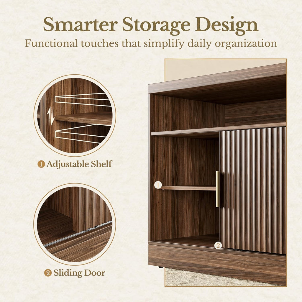 File Cabinet with Sliding Door, 32'' Fluted File Cabinet with Open Adjustable Shelves, Wood Filing Cabinet for Home Office, Black Walnut