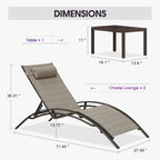 PURPLE LEAF Oversized Pool Chaise Lounge with Table Bronze Aluminum, Khaki | 2 Chaise + 1 Table, UV Textilene Fades Less, S-Curve Backrest with Arm, 5 Recline Angles, Adjustable Headrest, Stackable