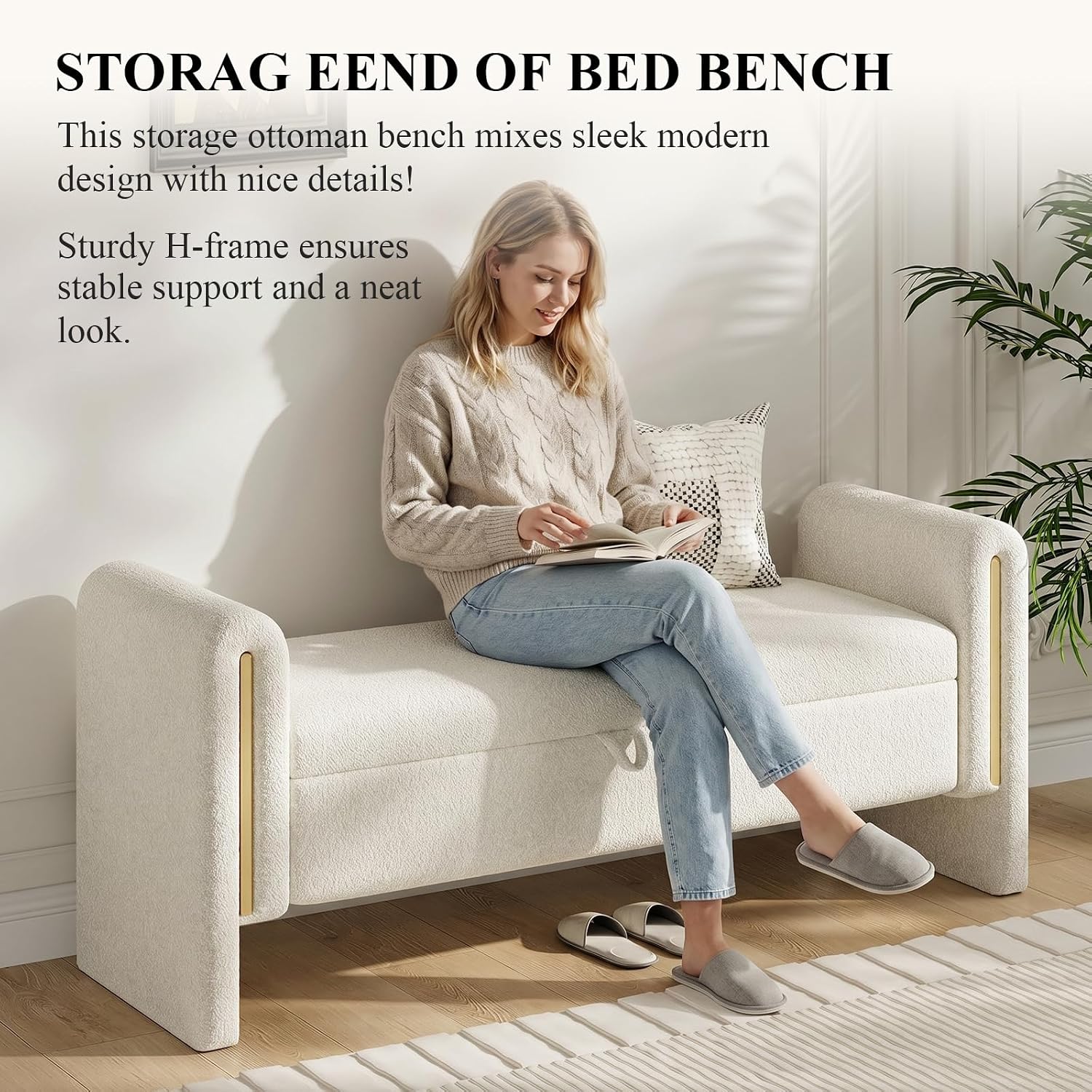 Storage Ottoman Bench, End of Bed Bench with Pull-Ring | 52" Teddy Upholstered, Window Bench with Armrest, Generous Storage, Safety Hinge, Holds 300 LBS, for Bedroom, Cream