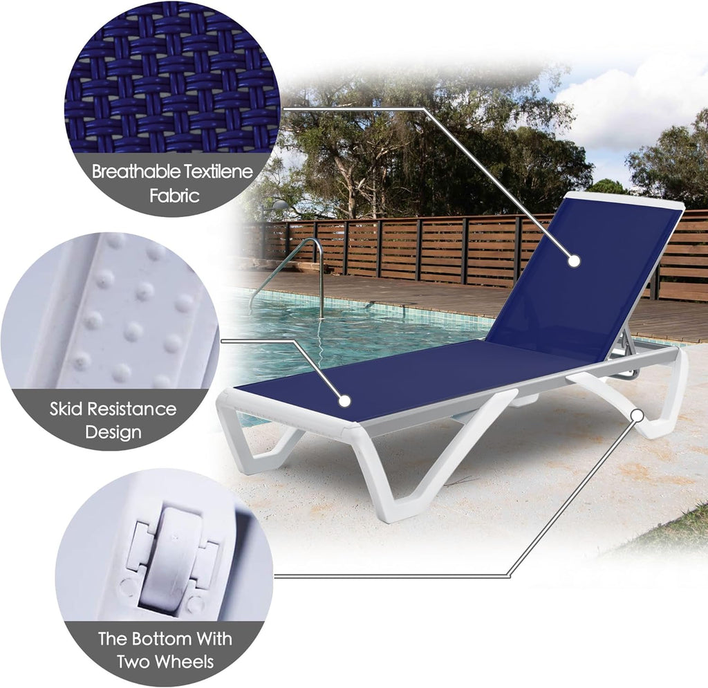 Kozyard Outdoor Chaise Lounge Chair, Full Flat Adjustable Patio Lounger with Aluminum Frame & Resin Legs, Textilene Fabric for Poolside, Backyard & Beach (NavyBlue, 2Chairs + Table)
