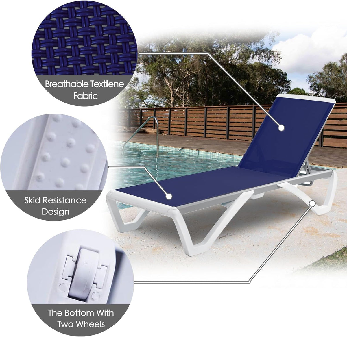 Kozyard Outdoor Chaise Lounge Chair, Full Flat Adjustable Patio Lounger with Aluminum Frame & Resin Legs, Textilene Fabric for Poolside, Backyard & Beach (NavyBlue, 2Chairs + Table)