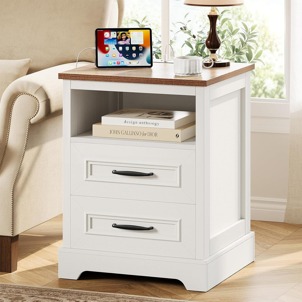 Farmhouse Nightstand with Charging Station, Wood Night Stand with Drawers, Bedside Table, Nightstands with Open Storage Shelf, Rustic Night Stands for Bedroom, Closet, 18" Wide, 24" Tall