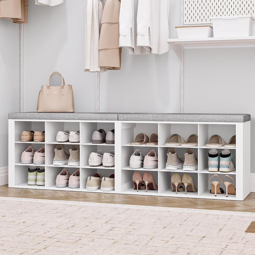 Hzuaneri Shoe Storage Bench with Cushion, Entryway Storage Bench with 18 Cubbies, 9.5" Widened Organizer Cabinet, Long Cubby Rack for Living Room, Bedroom, Entryway, White SB25703GY