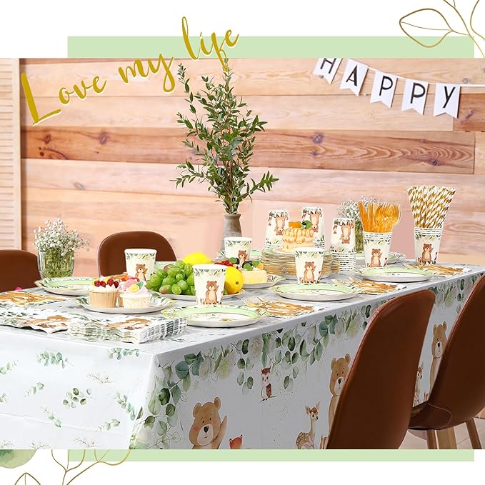 452 Pcs Woodland Party Decoration for 50, Woodland Animal Baby Shower Paper Plates Napkins Cups Tablecloth Cutlery Straws for Forest Wild Safari Birthday Gender Reveal Party Supplies