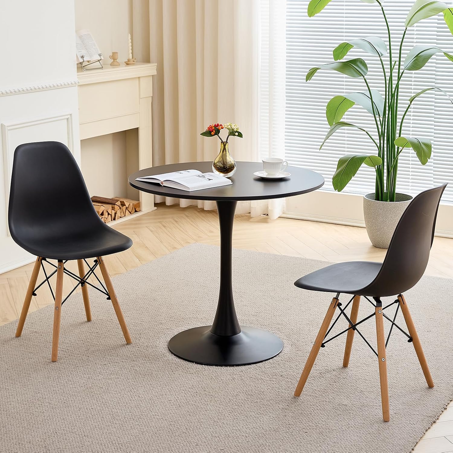 23.6" Small Round Dining Table for 2 4, [Sturdy Metal Tulip Base] Black Modern Circle Kitchen Table, Space Saving, for Dining Room Apartment Office