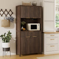 Modern Kitchen Pantry Storage Cabinet, Water Ripple Food Cabinet with Power Outlet, Open Countertop(Walnut)