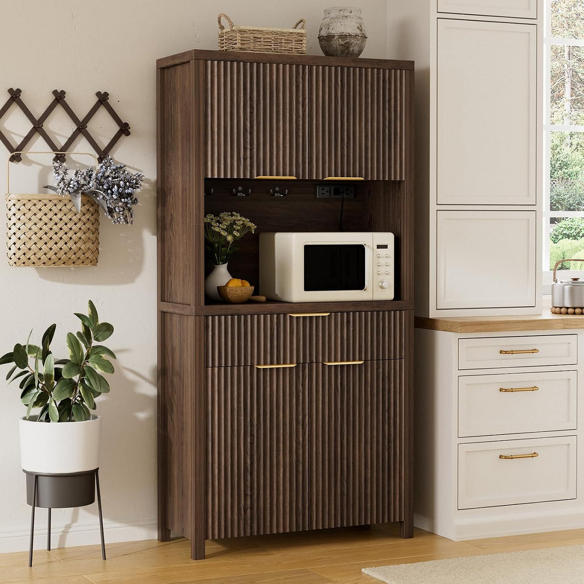 Modern Kitchen Pantry Storage Cabinet, Water Ripple Food Cabinet with Power Outlet, Open Countertop(Walnut)