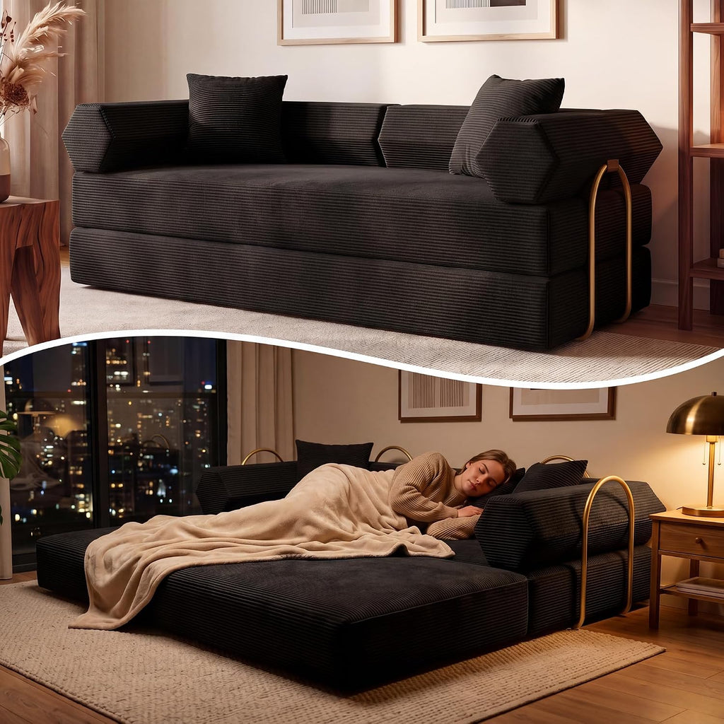 79" Convertible Futon Sofa Bed, Couch for Living Room | Black | 5-in-1 Corduroy Modular Futon Couch with Pocket Springs, Sleeper Sofa, Pull Out Couch Bed, No Assembly