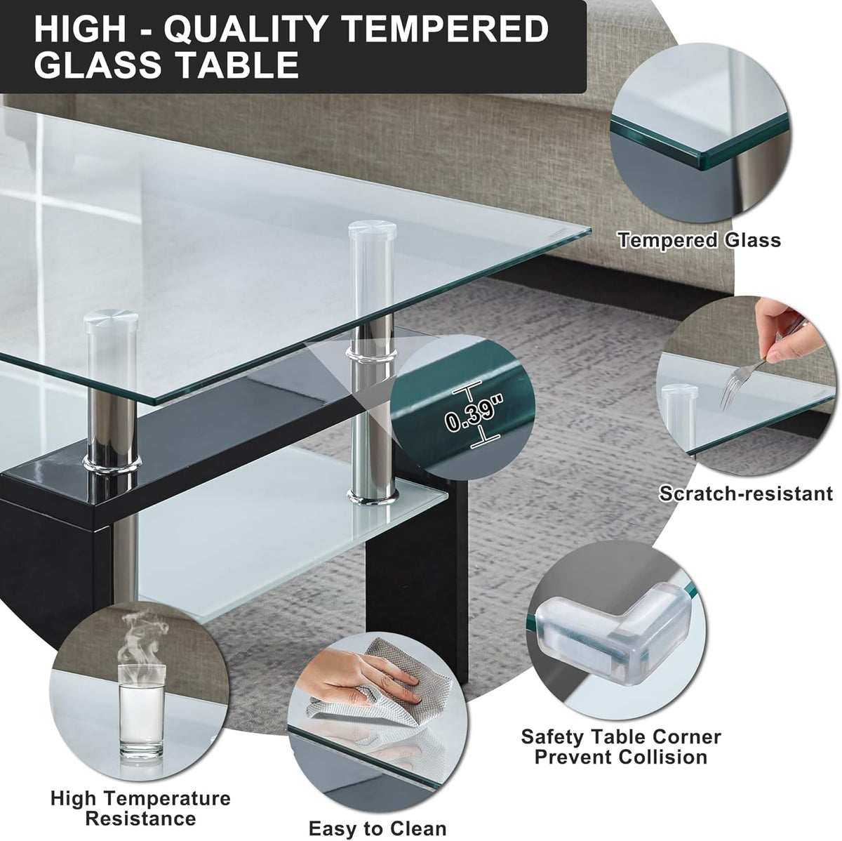 Square Glass End Table,2-Tier Tempered Glass Modern Living Room Side Table with Metal Leg,Living Room/Small Space/Apartment