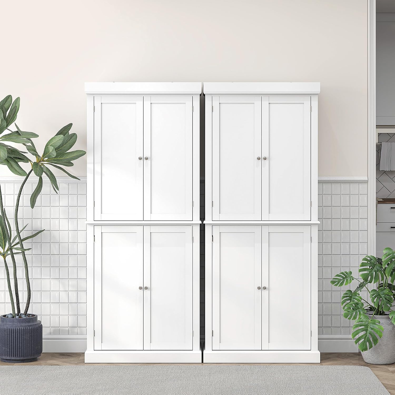 HOMCOM 72.5" Tall Kitchen Pantry Cabinet, Freestanding Modern Farmhouse Kitchen Storage Cabinet with 4 Doors and 2 Adjustable Shelves for Dining Room, White