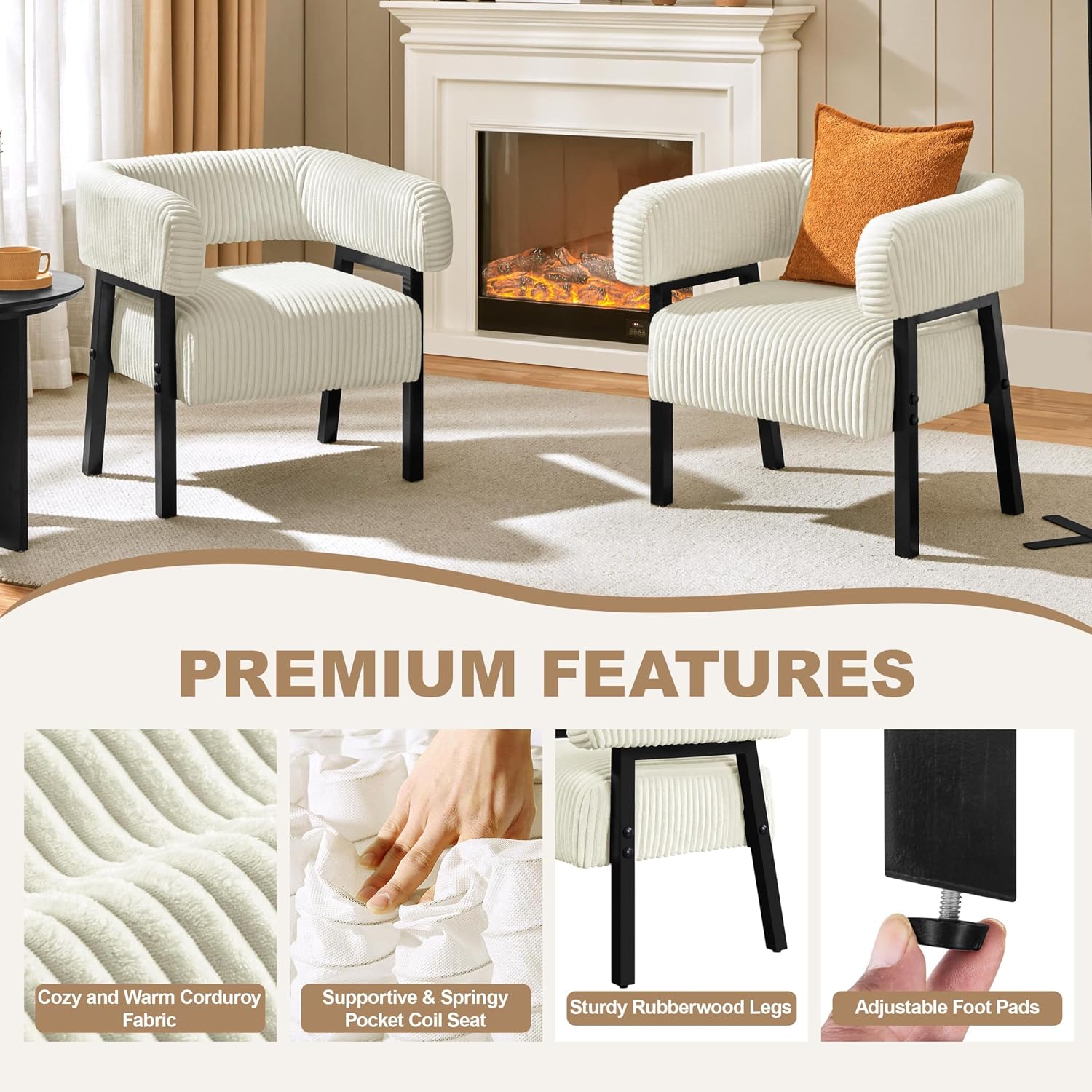 Yaheetech Accent Living Room Chair with Pocket Coiled Seat Set of 1 | Sofa Armchair | Barrel Chair | Corduroy | Comfy | Modern | Small Space | Bedroom | Reading | Beige